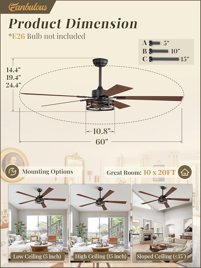 Farmhouse Ceiling Fans with Light, 60 Inch Bedroom Ceiling Fan with Lights, 6-Speed Adjustable, Quiet and Reversible DC Motor, Dual Finish 5 Blades, Rustic Caged Black Ceiling Fan for Living Room