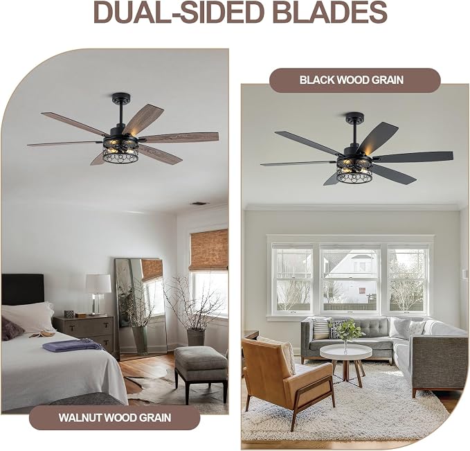 60 Inch Farmhouse Ceiling Fan with Light Industrial Ceiling Fan Rustic Caged Chandelier Fan for Living Room Bedroom Patio