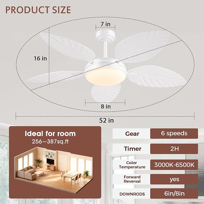 GJeg Tropical Ceiling Fans with Lights and Remote,52Inch Outdoor Palm Leaf Ceiling Fan for Patios Porch Bedroom, Dimmable LED Light, 6 Speeds, Reversible, White