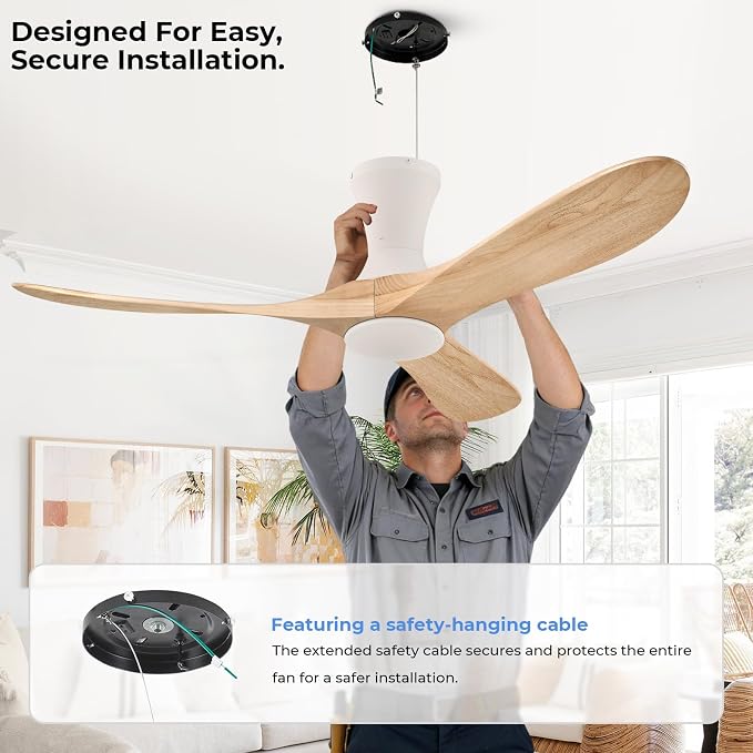 52 inch Smart Flush Mount Ceiling Fans with Lights, Low Profile Ceiling Fan with WIFI Alexa and App Remote Control, Quiet DC Motor, 3 Blades Wood Modern fan for Indoor Outdoor Bedroom Patio, Nature