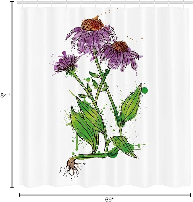 Ambesonne Coneflower Shower Curtain, Watercolor Style Inspired Pattern of Echinacea Flowers Paint Splashes, Cloth Fabric Bathroom Decor Set with Hooks, 69" W x 84" L, Purple Green White