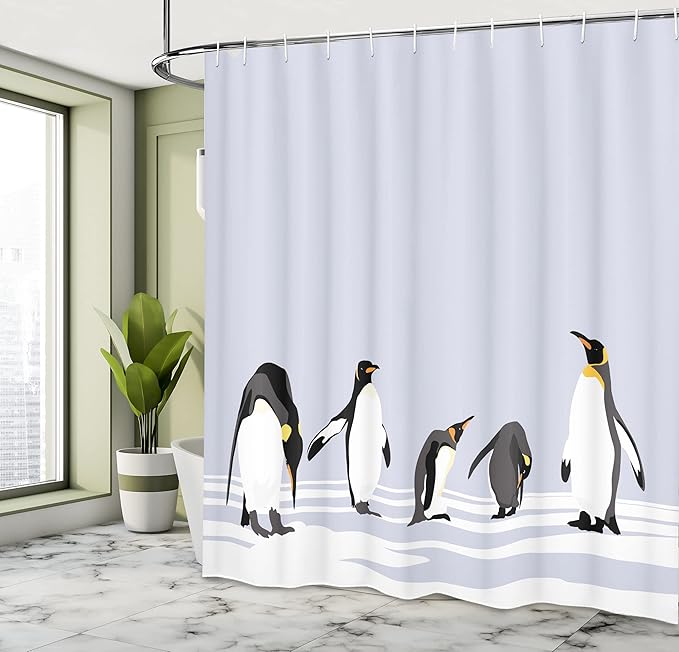Ambesonne Animal Shower Curtain, Penguins on Polar ICY Land Winter Climate Arctic Cold Season Creatures Print, Cloth Fabric Bathroom Decor Set with Hooks, 69" W x 70" L, White Lilac