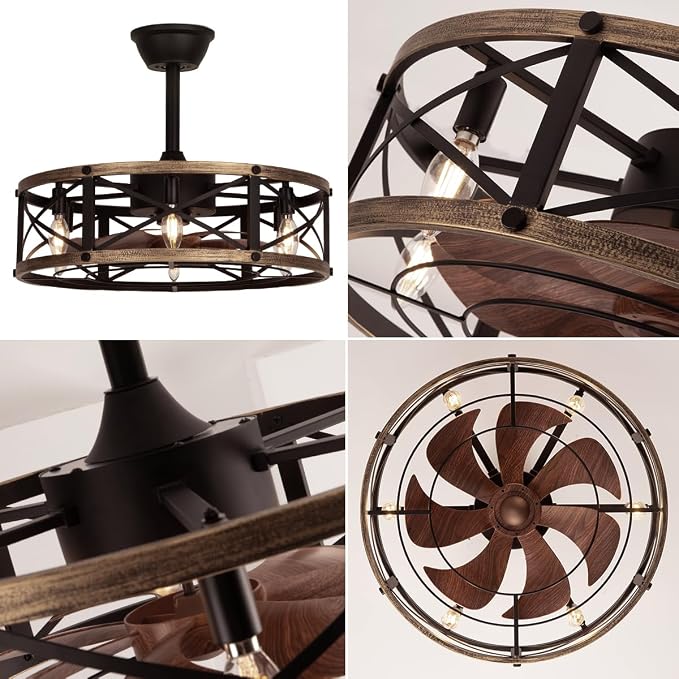 SHLUCE 22" Caged Farmhouse Ceiling Fan with Light, 6 Speeds, Rustic Fandelier Enclosed Ceiling Fans with Lights and Remote, Modern Bladeless Ceiling Fan with Light for Living Room, Bedroom - ETL
