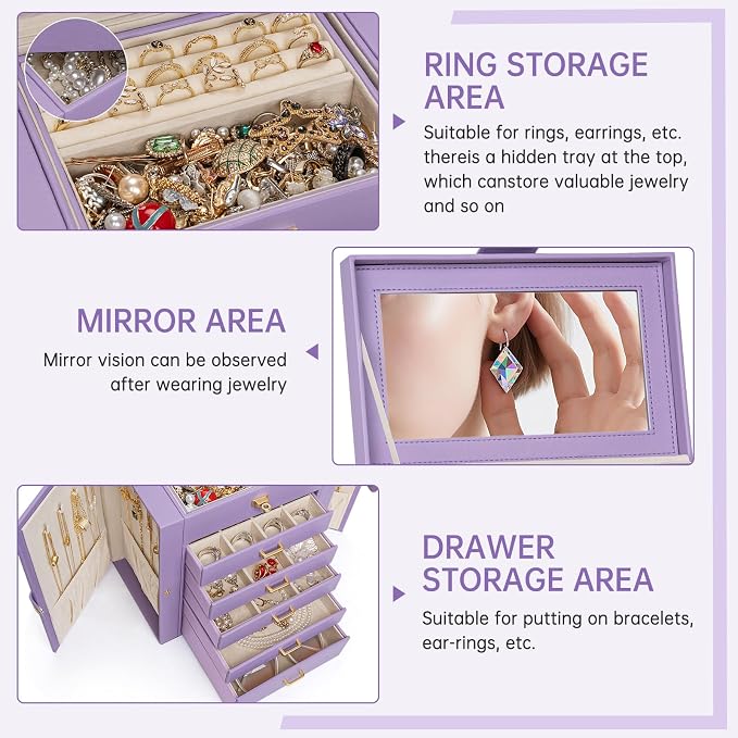 AKOZLIN 6-Tier Jewelry Box Organizer Functional 5 Drawers Leather Jewelry Storage Case for Women Girls Ring Necklace Earring Bracelet Holder Organizer with Mirror Medium Violet
