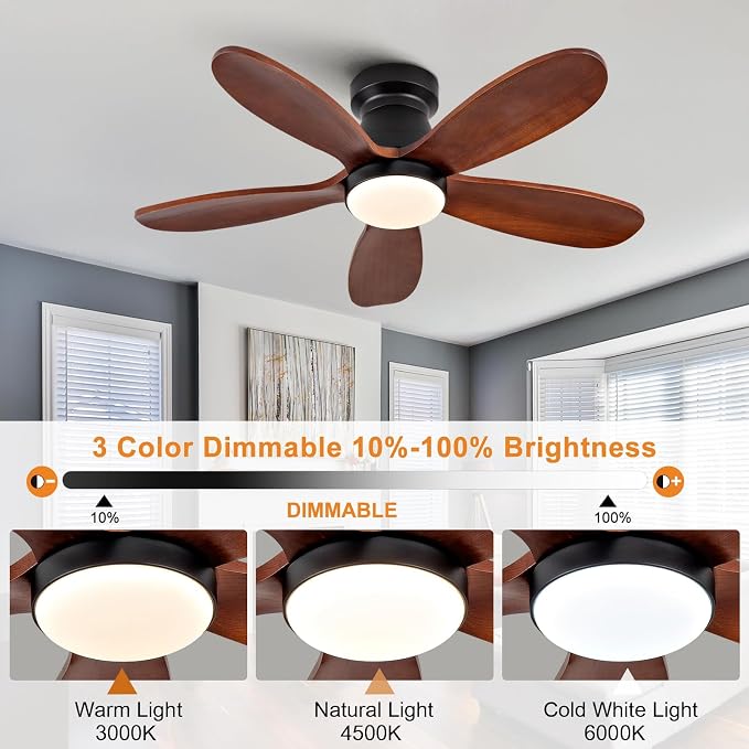 Ceiling Fans with Lights, 36 Inch Low Profile Ceiling Fan with Light and Remote Control, Flush Mount, Reversible, 3CCT, Dimmable, Quiet, Black Small Ceiling Fan for Bedroom Indoor/Outdoor Use