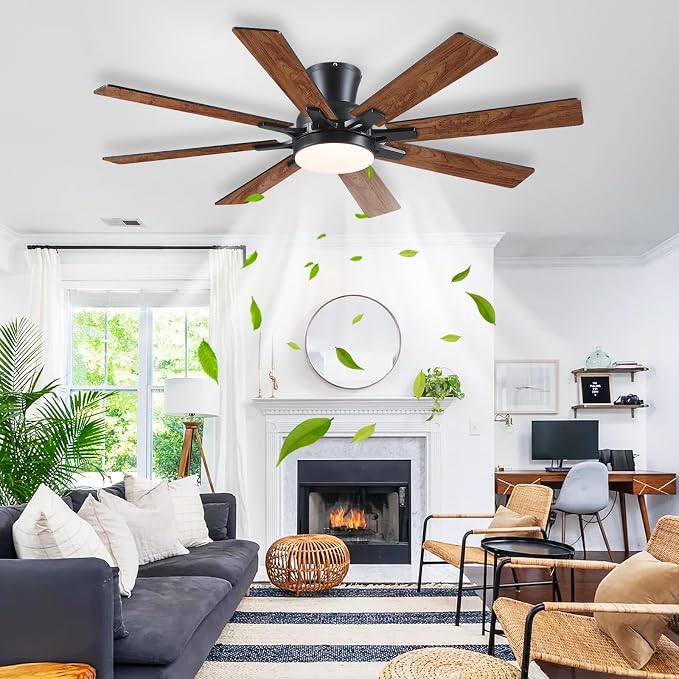 Mpayel Ceiling Fans with Lights, 52 Inch Low Profile Flush Mount Ceiling Fan, Modern Brown Ceiling Fan with Light for Bedroom Living Room, Remote/APP Control, Quiet DC Motor, Dimmable, 8 Wood Blades