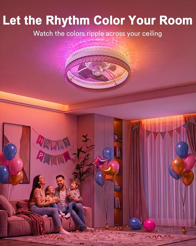 Lumary Smart Ceiling Fans with Lights, RGBAI Rainbow Flow Lighting with Feather Projection, Flush Mount/Downrod for Low Profile or High Ceilings, Modern Bladeless Crystal Fan Light for Bedroom, 20in