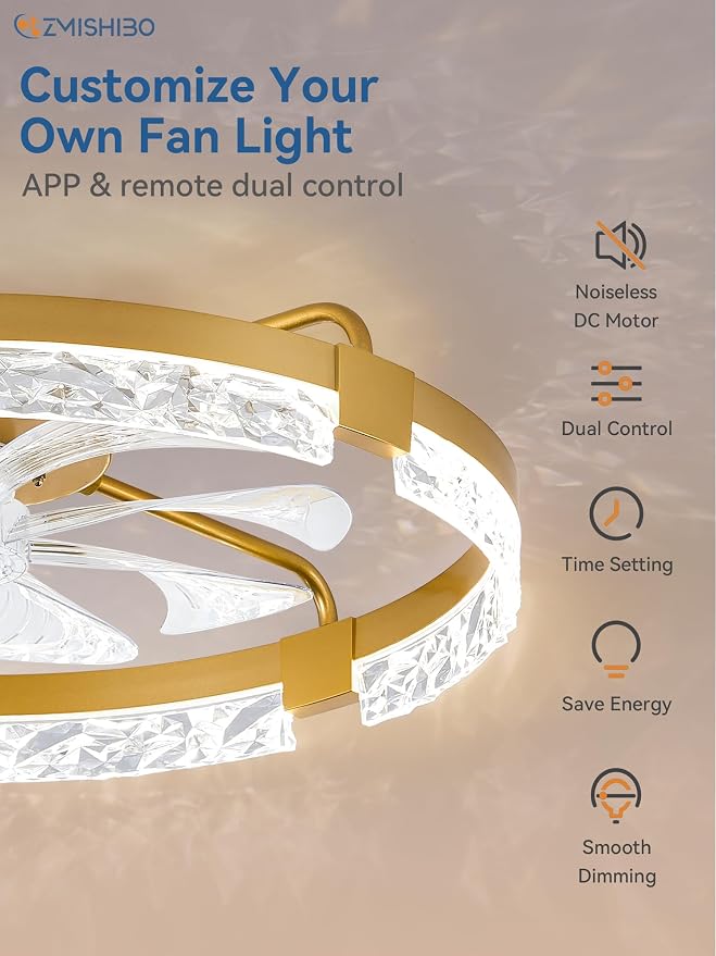 ZMISHIBO 24 Inch Flush Mount Ceiling Fan with Light, Bladeless Low Profile Enclosed Fan for Bedroom Kids Room, 6 Speeds Reversible DC Motor, 3CCT Dimmable Smart App Control