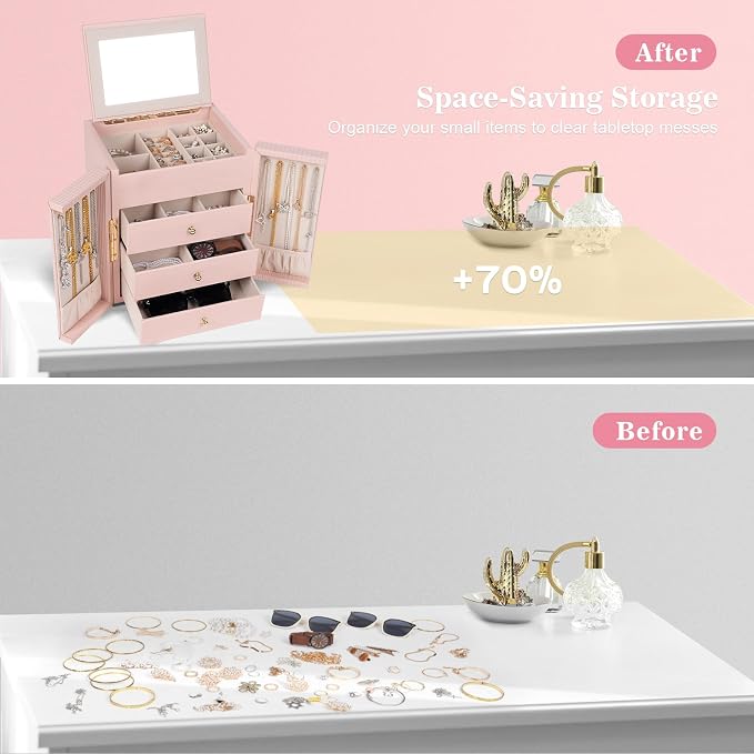 Dajasan Large Jewelry Box Organizer, Jewelry Storage with 3 Drawers, Huge Jewelry Box with Mirror, Gift Idea for Women, Girls, Double Door, Textured PU Leather Surface, Stylish (Pink + Gold)