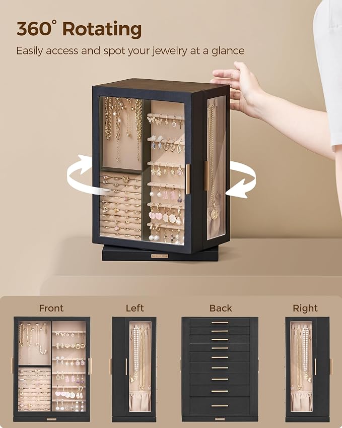Glimmloop 360° Rotating Jewelry Box with 9 Drawers, Spacious Vertical Jewelry Organizer with Glass Window, Jewelry Storage Case, Dustproof & Moisture-resistant Design, Black
