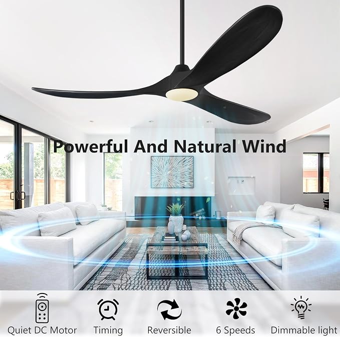 ABZ Ceiling Fans with Lights and Remote Control, 60 Inch Solid Wood Propeller Outdoor Ceiling Fan for Patios, 3 Blades Black Ceiling Fan with Light for Indoor Porch Farmhouse, Matte Black