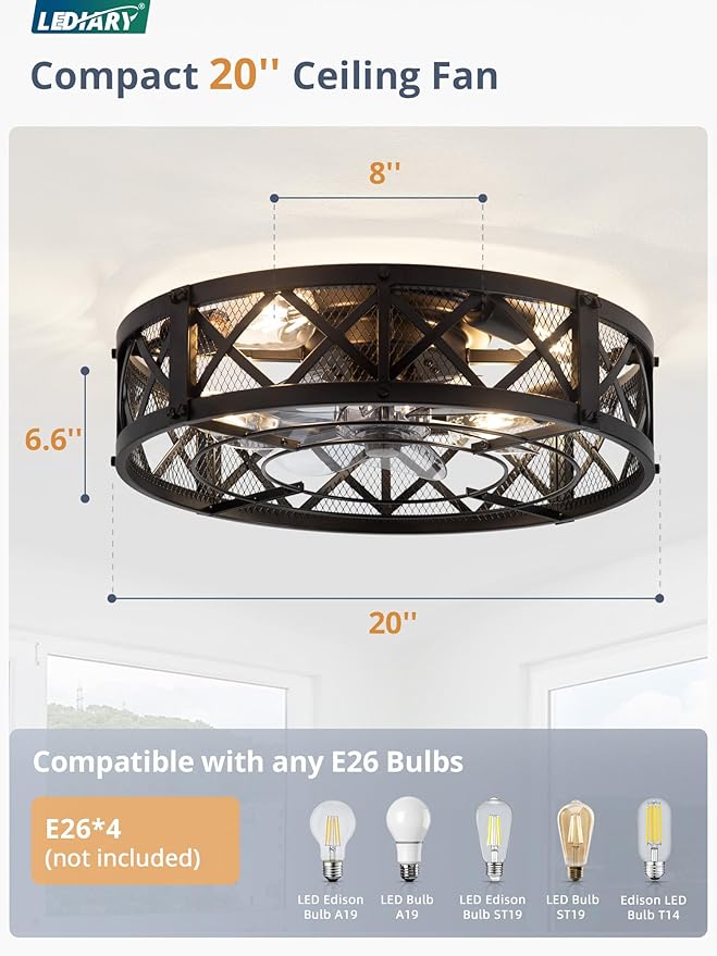 LEDIARY 20" Caged Ceiling Fan with Light, APP&Remote Control, Small Flush Mount Farmhouse Fan Lights, Low Profile Rustic Bladeless Ceiling Fan Fixtures for Bedroom, Kitchen-Black Color