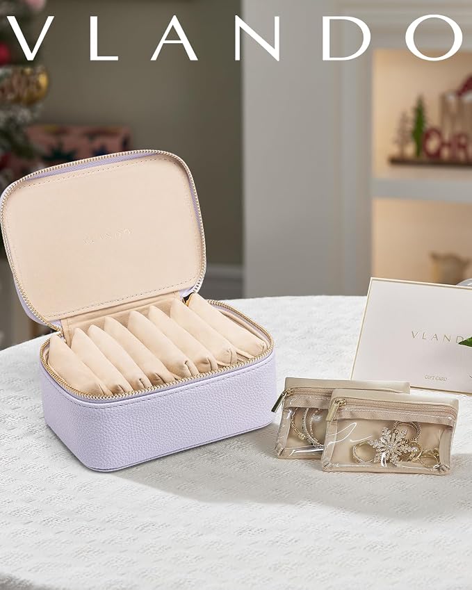VLANDO Jewelry Travel Case,Travel Jewelry Organizer with Clear Velvet Jewelry Bags 8Pcs Zipper Pouch for Women Girl Gift- Purple