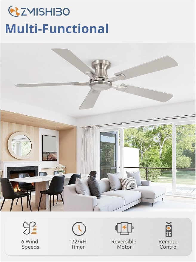 ZMISHIBO 52 Inch Ceiling Fan No Light, Flush Mount Low Profile, Modern Nickel Ceiling Fan Without Light, Remote Control & Quiet DC Motor, for Indoor&Outdoor, Bedroom, Living Room
