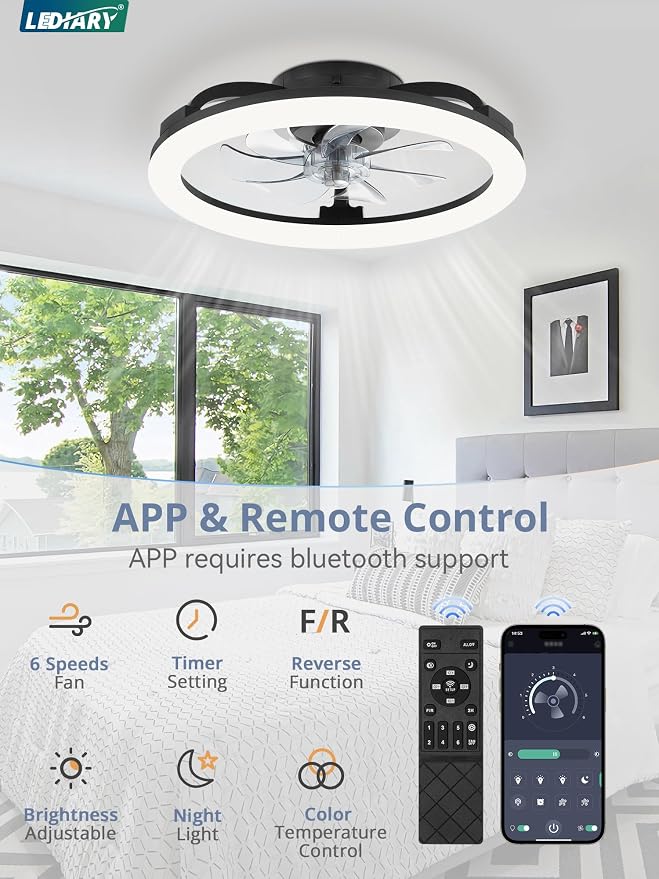 LEDIARY 20 Inch Low Profile Ceiling Fans with Lights and Remote, Dimmable Modern Fan Light(3000K-6000K), 6 Speed, Reversible, APP & Remote Control, Flush Mount Ceiling Fan for Bedroom, Black