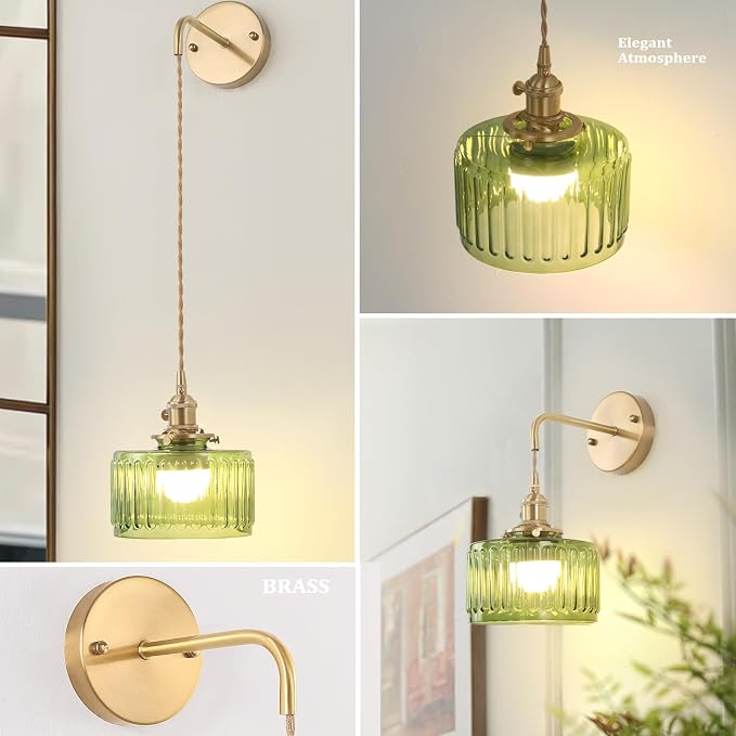 Shenmoyl Battery Operated Wall Sconce with Green Striped Shade Pattern Glass Adjustable Chain Retro Gold Wall Mounted Light, Modern Wall Decor for Bedside Bedroom Indoor Doorway， Set of 2