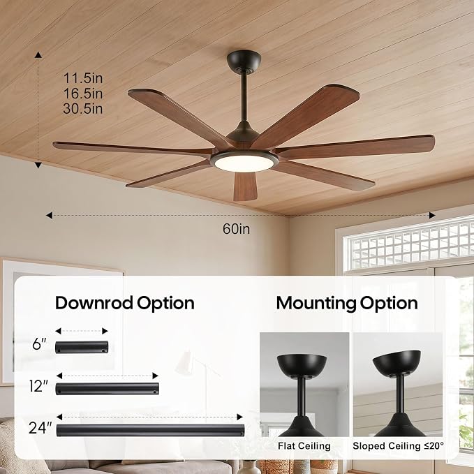 60 inch Ceiling Fan with Light, Farmhouse Rustic 7 Solid Wood Blades, Indoor Outdoor Fan Work with Alexa/Gg Voice Control/App/Remote, Ultra Quiet DC Motor, ETL Listed 9321 CFM High Airflow
