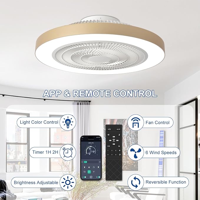Depuley LED Ceiling Fan with Light: 19" Modern Flush Mount Low Profile Ceiling Fans with Remote & Smart APP Control - Gold Bladeless Fandelier Dimmable Quiet DC Motor for Bedroom Kids Room 6 Speeds
