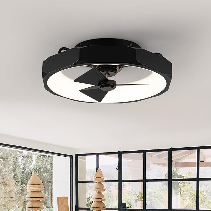Low Profile Black Ceiling Fans with Lights and Remote - 20" Flush Mount Ceiling Fan Bedroom, 3000-6000K Dimmable Fandelier LED Fan Light, 6 Wind Speeds, Modern Black Fandelier