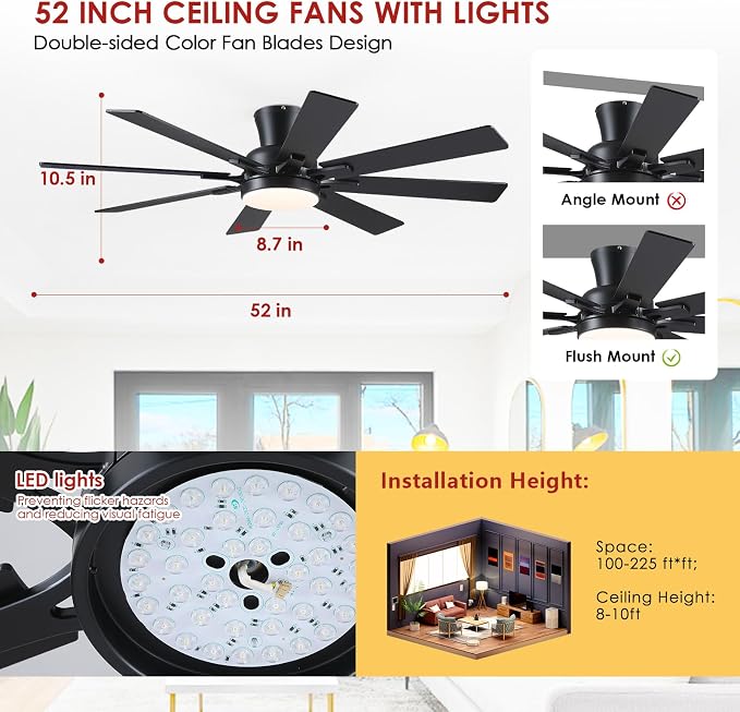 Mpayel Ceiling Fans with Lights, 52 Inch Low Profile Flush Mount Ceiling Fan, Modern Black Ceiling Fan with Light for Bedroom Living Room, Remote/APP Control, Quiet DC Motor, Dimmable, 8 Wood Blades