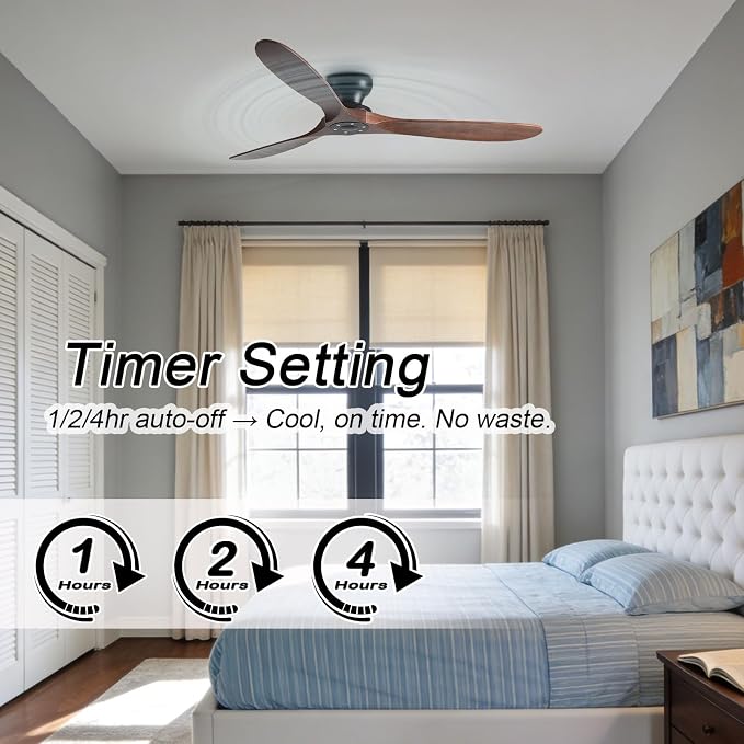 Solid Wood 70in Ceiling Fan Without Lights Flush Mount Ceiling Fans with Remote Control 6 Speeds, Wood Blades Modern Ceiling Fan No Light for Bedroom/Farmhouse/Patio/Indoor