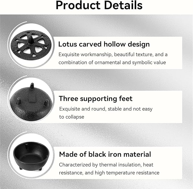 Cast Iron Incense Burner, Lotus Shaped Holder for Cones, Sticks, Coils, Sage and Frankincense - Retro Metal Container With Ash Catcher