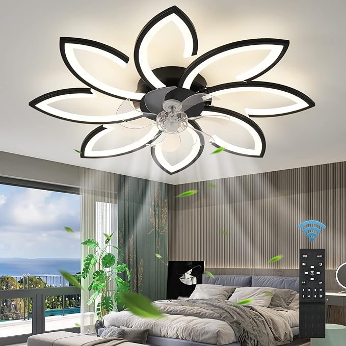 35" Geometric Ceiling Fan with Light Remote Control, 6 Speeds 3 Colors, Black Low Profile Flush Mount Ceiling Fan for Kitchen Bedroom Living Room