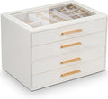 GUOER Jewelry Box for Women 4 Layers, Glass Lid Jewelry Organizer with 4 Drawers Cloud White PU Jewelry Storage Case for Necklaces Rings Earrings Bracelets Mother's Day