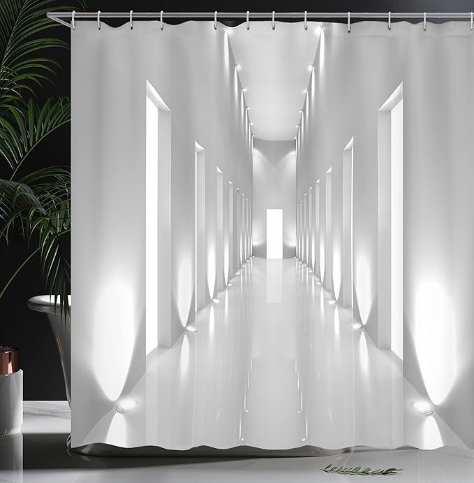 Ambesonne Modern Shower Curtain, Pattern of a Long Corridor in a Modern Office Building with a Contemporary Artwork, Cloth Fabric Bathroom Decor Set with Hooks, 69" W x 70" L, White Grey