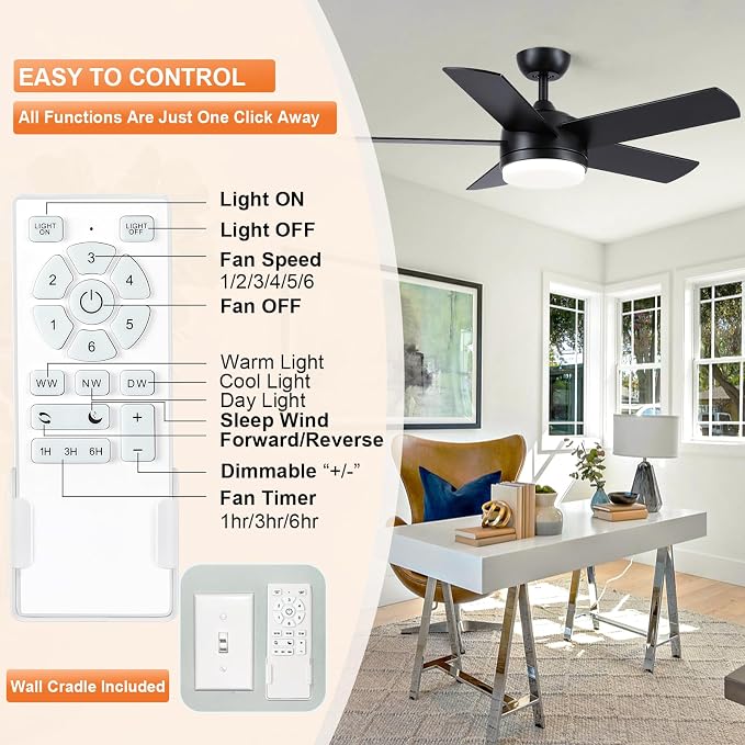 YUHAO 44 Inch Black Ceiling Fan with Light and Remote Control.Noiseless,Dimmable,3CCT,6 Speeds Reversible, DC Ceiling Fans for Indoor or Covered Outdoor Use.ETL Listed