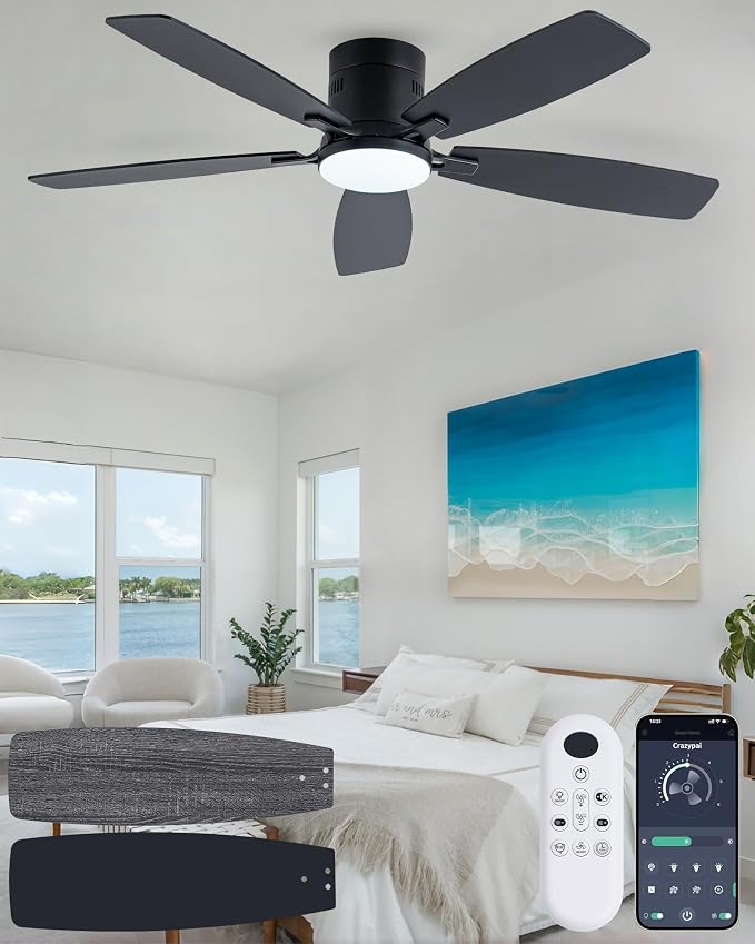 Coolwind 52 Inch Black Flush Mount Ceiling Fan with Light, Display Remote/APP Control, Quiet Low Profile Ceiling Fan with Light, 8 Speeds, Dimmable, Timer, DC Reversible Motor for Bedroom, Living Room