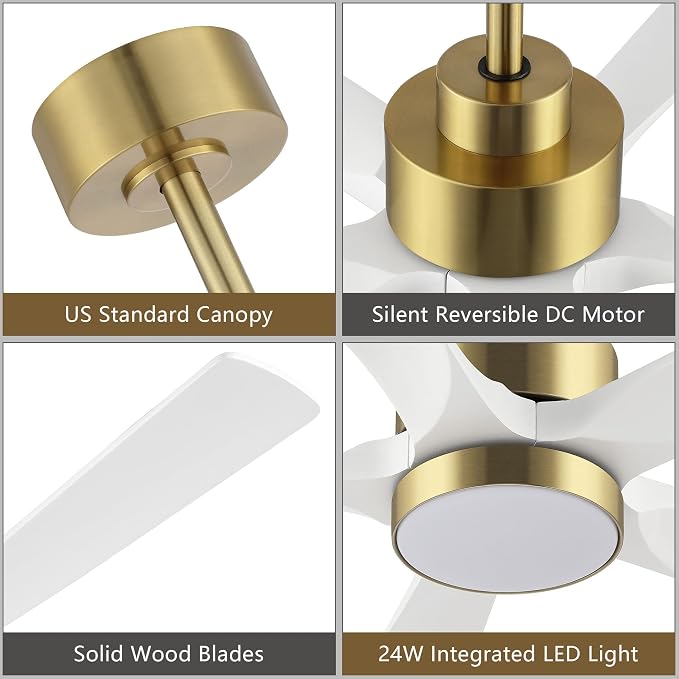 ELEHINSER 60" Modern Ceiling Fan with Lights and Remote Control, 5 Solid Wood Blades 6-Speed Noiseless Reversible DC Motor, Ceiling Fan for Bedroom Dinning Living Room, Gold Finish with White Blade