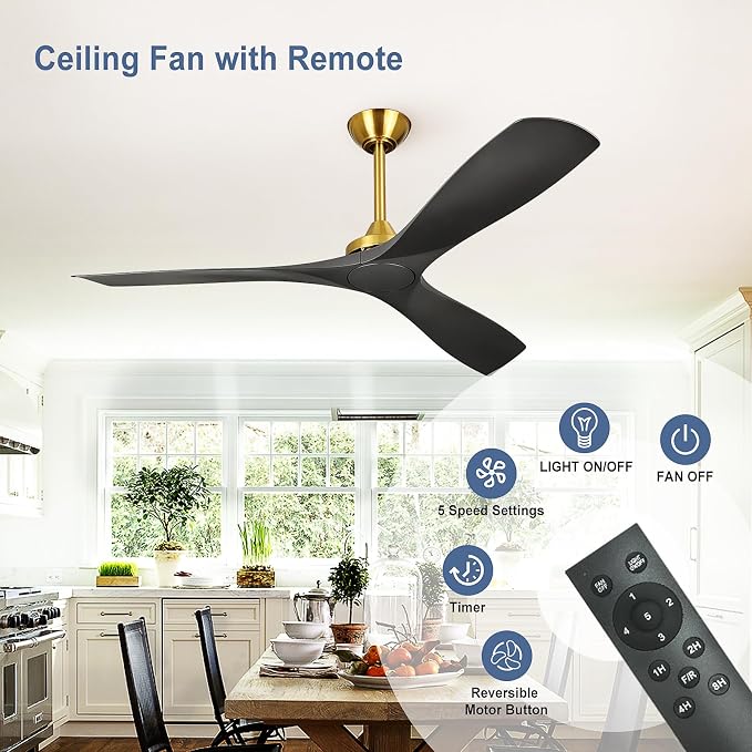 Modern Ceiling Fan with Remote: Black and Gold Ceiling Fans 3 Blades - 60 Inch Ceiling Fan No Light for Covered Outdoor Living Room Bedroom