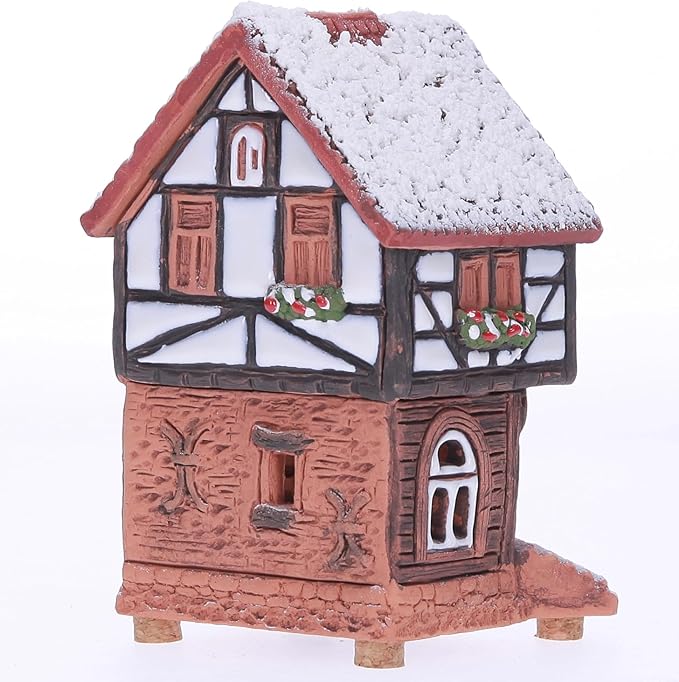 Ceramic Houses and Villages Collection - Handmade Collectible Miniature of Historic House in Lauterbach Germany - Cone Incense Holder, Winter Edition Incense Burner S19-6