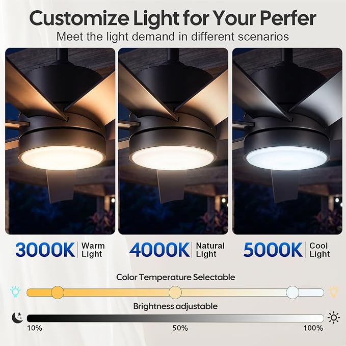 56 Inch Wet-Rated Outdoor Ceiling Fan with light, All-Weather Waterproof 7 UV-Proof Blades, Smart Alexa/App/Remote Control, High Airflow ETL Listed Quiet DC Motor, for Exterior Pergola, Patios, Gazebo