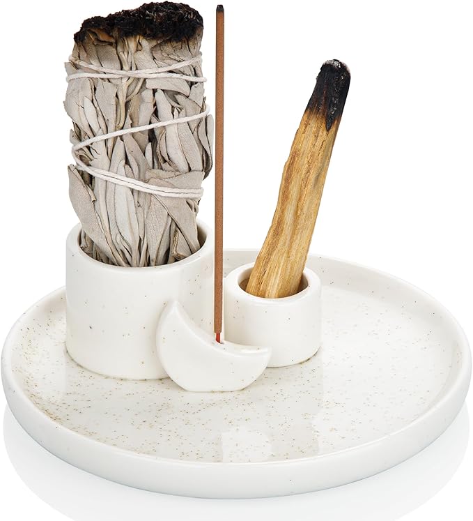 ZenBless Incense Burner, Palo Santo Sage Candle Holder for Burning, Incense Holder for Sticks, Ceramic Ash Catcher Tray for Meditation Yoga Room Home Decor Spritual Gifts(White)