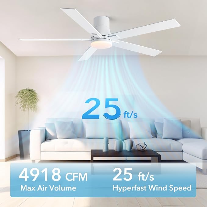 Rayqueen 60 Inch Flush Mount White Ceiling Fans with Lights and Remote | 6 Speed Reversible DC motor,3-color temperature dimmable LED.For indoor/covered outdoor.Modern style for bedroom room