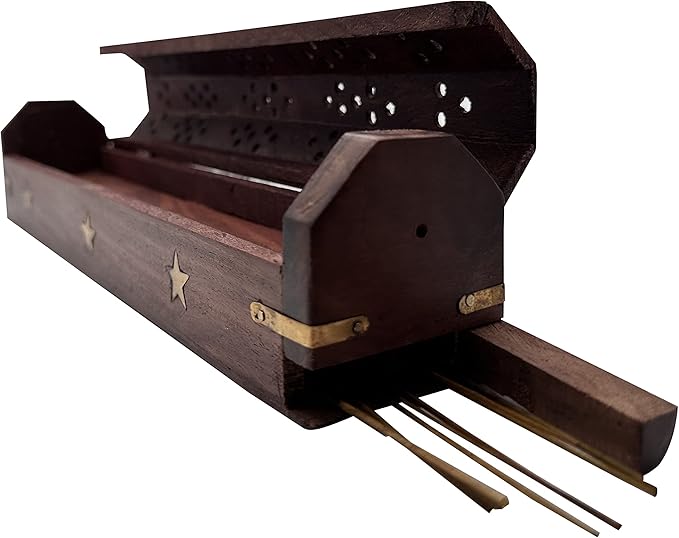 Dinil Wooden Coffin Incense Burner Handmade - 12" – Rustic Brown Finish – Elegant Design (Star)