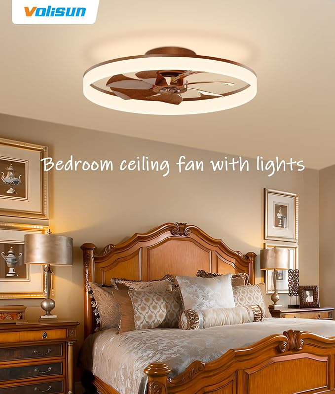 VOLISUN Low Profile Ceiling Fans with Lights and Remote, 24in Fandelier Ceiling Fan Flush Mount, 3000K-6500K Smart Bladeless LED Fan Light, Farmhouse Ceiling Fans with Lights for Bedroom(Wood)