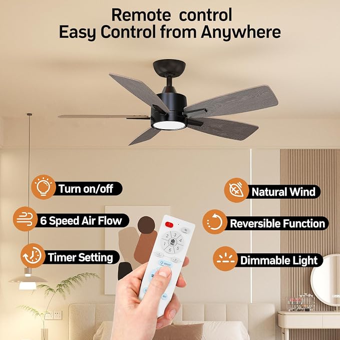 TALOYA 42 Inch Ceiling Fans with Lights Led Remote Control Low Profile Flush Mount for Bedroom Home Outdoor Patio Living Room,3 Color Temperatures,Dimmable,DC Motor,Reversible,5 Blades,Black Walnut