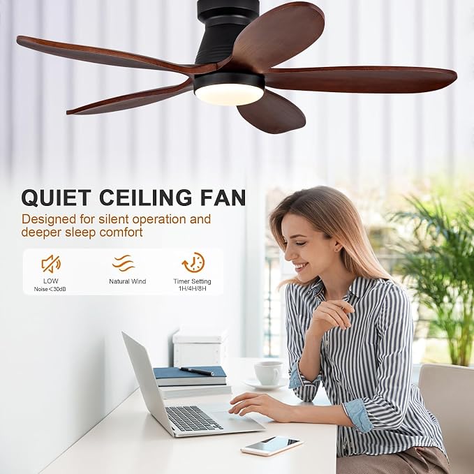 42 Inch Ceiling Fans with Lights and Remote, Low Profile Flush Mount Modern Wood Ceiling Fan with Light, 5 Blades, Wall Switch, Indoor Outdoor Ceiling Fan for Patio Dining Room