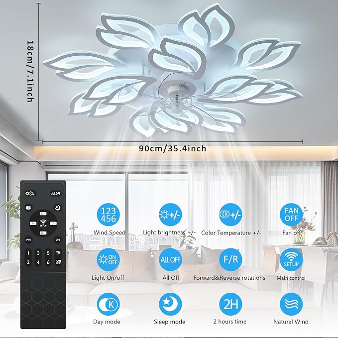 35" Ceiling Fans With Lights and Remote, Low Profile Flush Mount | Ceiling Fan Lights For Bedroom Living Room, With 6 Speed 3 Colors Dimmable, Quiet, Reversible Motor, Timing White