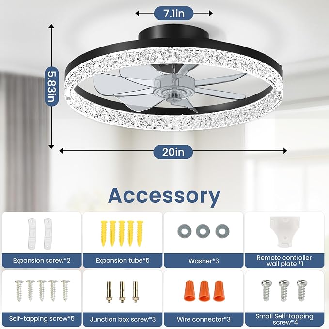 CHAREADA Ceiling Fan with Light, 20" Modern Low Profile Foldable Ceiling Fans with 6 Wind Speeds (Crystal Black)