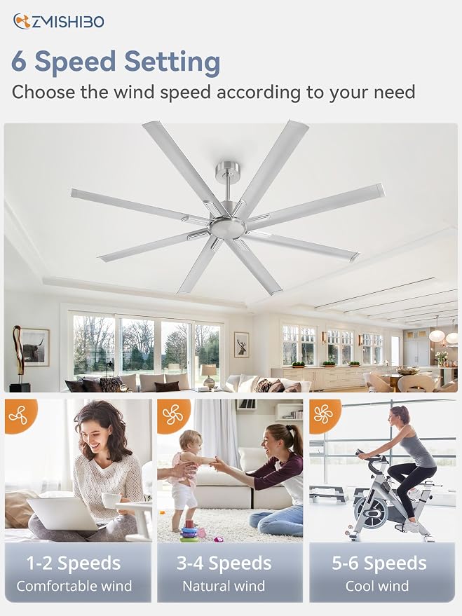 ZMISHIBO 72 Inch Ceiling Fan No Light, Large Black Ceiling Fan with Remote, Quiet DC Motor, and 6 Speeds, Indoor/Outdoor Industrial Ceiling Fans 8 Aluminum Blades for Patio, Garage, Shop, Nickel