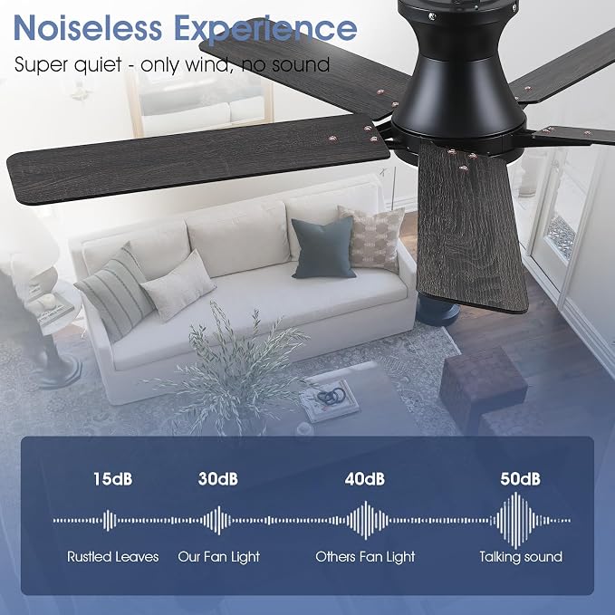 52"Modern Black Low Profile Flush Mount Ceiling Fans with Light and Remote | Supports Remote and APP, 6 Wind Speeds, Reversible, Dimmable 3 Light Colors LED Light, Noiseless 30W DC Motor,2H Timer