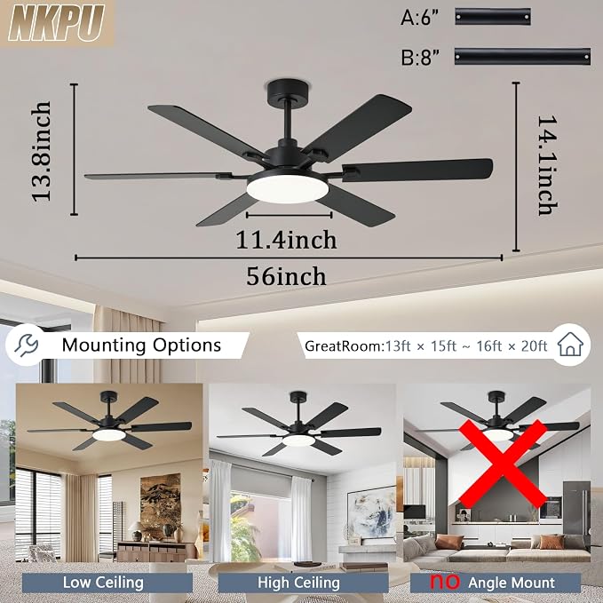NKPU 56 Inch Ceiling Fans with Lights, Modern Black Ceiling Fan with Light and Remote Control, 6 Double Sided Blades, 6 Speed Reversible Motor, Dimmable LED, Silent Timing, Indoor Outdoor Patio Use
