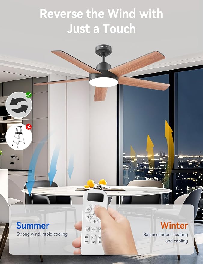 AKOFUN Ceiling Fans with Lights and Remote, Low Profile Ceiling Fan with Light, 6 Speed, Dimmable, DC Motor, Quiet, Timer, Modern LED Ceiling Fan for Bedroom Living Room 52 inch, Black