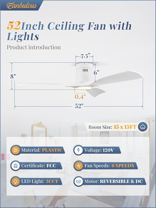 Fanbulous 52" Ceiling Fans with Lights and Remote Control,Modern Flush Mount Ceiling Fan with 3 LED Colors,Outdoor Low Profile Ceiling Fans with 6-Speeds Timer DC Motor for Bedroom Living Room Patio