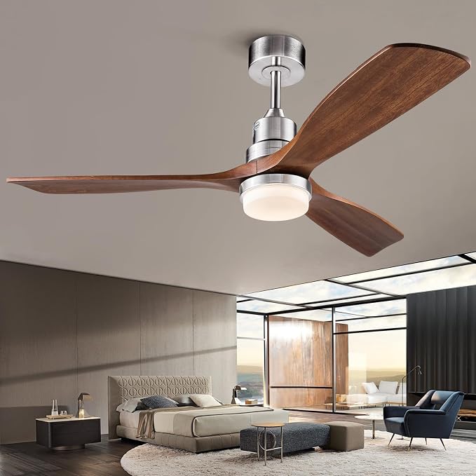 52 Inch Brushed Nickel Ceiling Fans with Lights and Remote Control, Dimmable, Modern Ceiling Fan Light, 3 Blades, 6 Speed DC Motor, Indoor Outdoor Ceiling Fan for Farmhouse,Bedroom