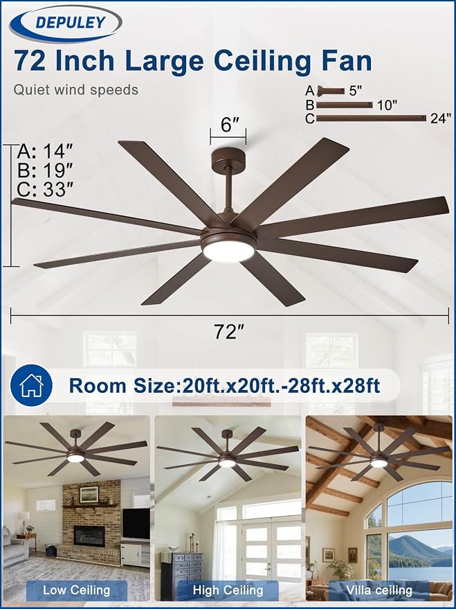 Depuley 72" Ceiling Fans with Lights: Large Indoor/Outdoor Ceiling Fan for Patios Living Room - 8 Blades Brown Dimmable Ceiling Fans with Remote APP Control Timer Reversible Quiet DC Motor 6 Speeds